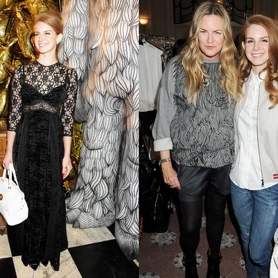 Lana Del Rey with her new bag at Mulberry's after-party (left) and backstage with Emma Hill at the fashion show.