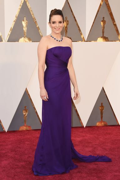 Tina Fey 
Dress by Atelier Versace; jewels by Bulgari.