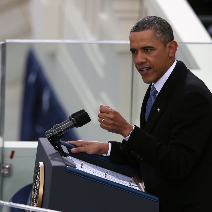 U.S. President Barack Obama gives his inauguration address during the public ceremonial inauguration on the West Front of the U.S. Capitol January 21, 2013 in Washington, DC. Barack Obama was re-elected for a second term as President of the United States. 