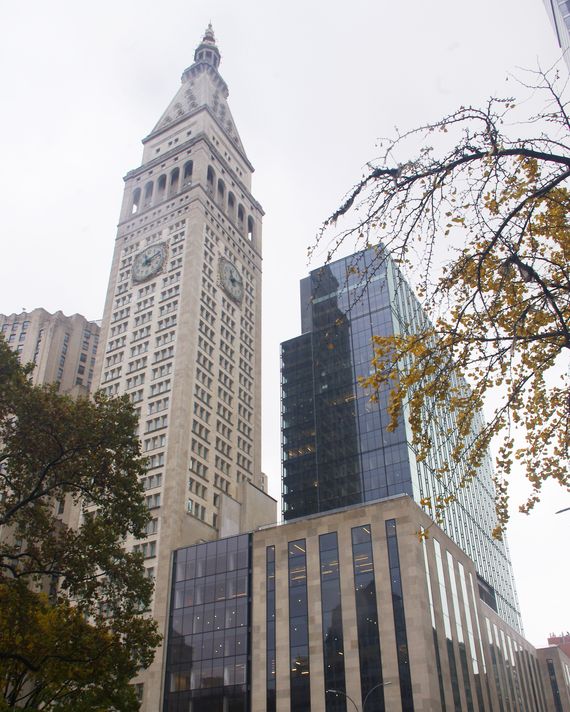 The completed new tower is at right; the never-completed 1930 addition is at far left.