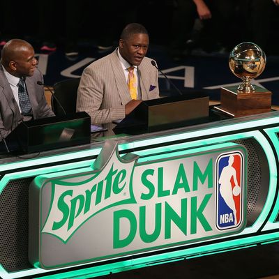 NEW ORLEANS, LA - FEBRUARY 15: Sprite Slam Dunk Contest 2014 judges (L-R) Julius Erving, Magic Johnson and Dominique Wilkins take part of the 2014 NBA All-Star Weekend at the Smoothie King Center on February 15, 2014 in New Orleans, Louisiana. NOTE TO USER: User expressly acknowledges and agrees that, by downloading and or using this photograph, User is consenting to the terms and conditions of the Getty Images License Agreement. (Photo by Christian Petersen/Getty Images)