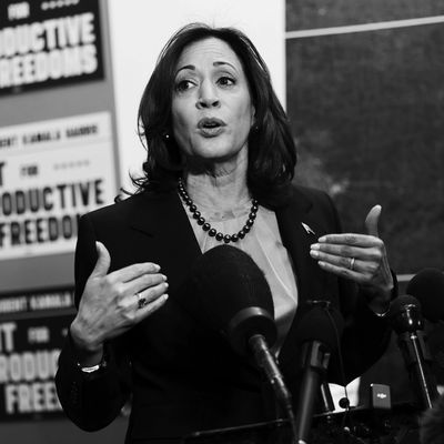 Kamala Harris stands in front of a microphone wearing a black blazer and a black beaded necklace.