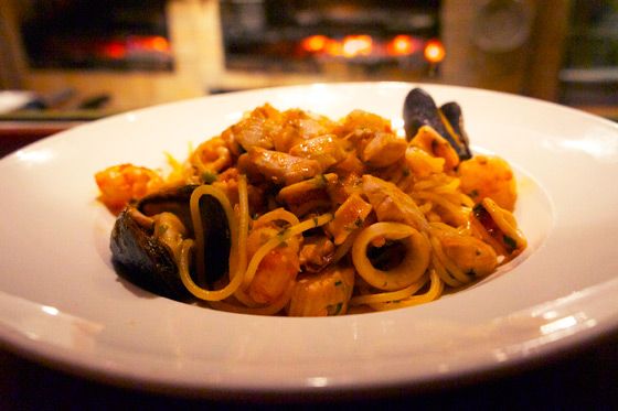 Spaghetti With Seafood Sauce
Rose Pistola, San Francisco
532 Columbus Avenue
415.399.0499; $18
At fifteen-year-old Rose Pistola in North Beach, the menu has come back around to being more solidly Ligurian — it had strayed from its original, regional focus in the last few years — and one of the house specialties on the seafood-heavy menu is this bowl of spaghetti tossed with a well seasoned tomato-based seafood sauce, and a generous helping of calamari, mussels, salmon, and halibut.