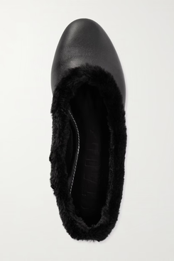 Staud Faux Fur-Trimmed Leather Ballet Flats