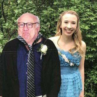 A cardboard cutout of Danny DeVito and Allison Closs.