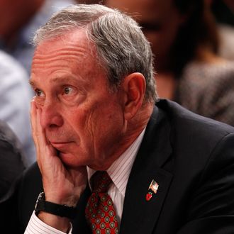 New York City Mayor Michael Bloomberg looks on as the New York Knicks play against the Miami Heat in Game Three of the Eastern Conference Quarterfinals in the 2012 NBA Playoffs on May 3, 2012 at Madison Square Garden in New York City.