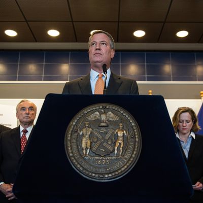 NEW YORK, NY - DECEMBER 04: New York City Mayor Bill de Blasio speaks at a press conference after witnessing police being retrained with new guidelines at the Police Academy on December 4, 2014 in the College Point neighborhood of the Queens borough of in New York City. The new police guidelines come on the heels of numerous national incidences where white police officers have killed black men. (Photo by Andrew Burton/Getty Images)