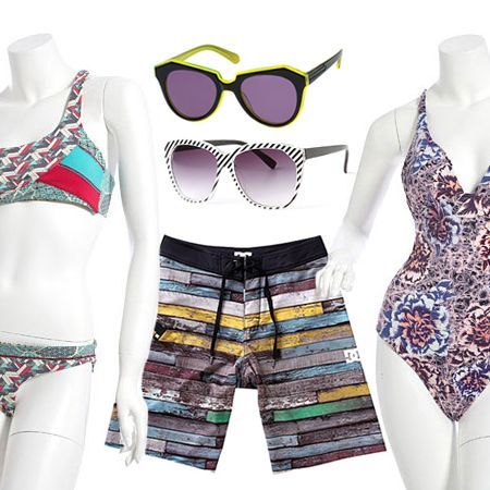 Clockwise from left: One-Shoulder Bandeau Bikini by Maaji, Number One by Karen Walker, Test Pattern Shades, Belle Fille Low Back One-Piece by Seventh Wonderland, and Woodshed Board Shorts by D.C.