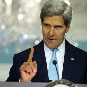 US Secretary of State John Kerry speaks about the situation in Syria from the Treaty Room at the State Department in Washington, DC on August 30, 2013. A US intelligence report August 30 blamed Syria's government for a chemical weapons attack with 