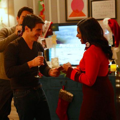 THE MINDY PROJECT: Danny (Chris Messina, C) dances with Mindy (Mindy Kaling, R) during her Christmas party in the all-new holiday-themed 