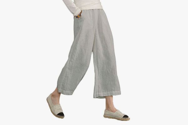 Ecupper Women's Elastic Waist Causal Loose Trousers Linen Cropped Wide Leg Pants