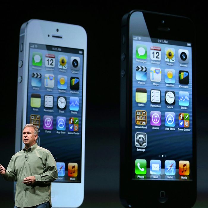 Apple Senior Vice President of Worldwide product marketing Phil Schiller announces the new iPhone 5 during an Apple special event at the Yerba Buena Center for the Arts on September 12, 2012 in San Francisco, California. Apple announced the iPhone 5, the latest version of the popular smart phone.