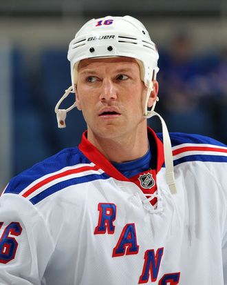 Sean Avery #16 of the New York Rangers looks on during warmups prior to the game against the New York Islanders at Nassau Coliseum on November 15, 2011 in Uniondale, New York. 