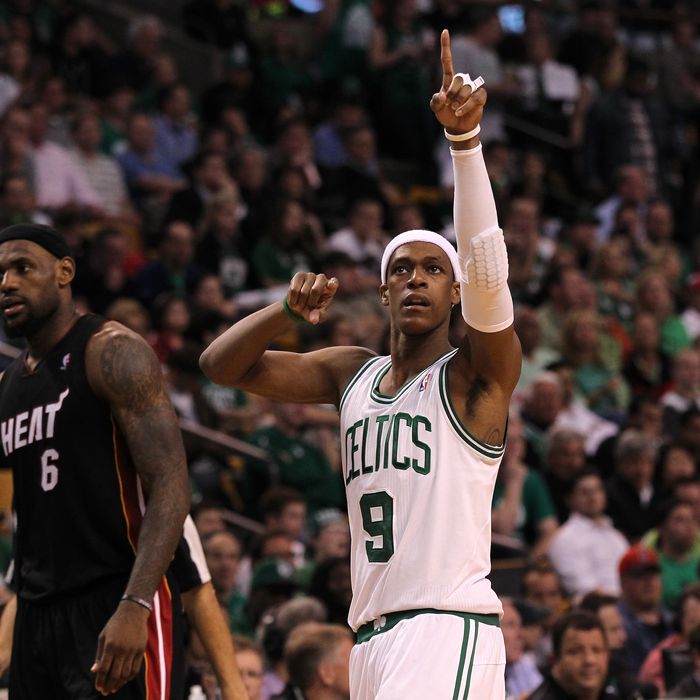 Rajon Rondo #9 of the Boston Celtics gestures on court as LeBron James #6 of the Miami Heat looks on in Game Four of the Eastern Conference Finals in the 2012 NBA Playoffs on June 3, 2012 at TD Garden in Boston, Massachusetts.