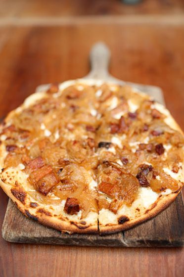 Alsatian onion and bacon tart, crème fraîche