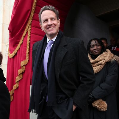 WASHINGTON, DC - JANUARY 21: Outgoing U.S. Treasury Secretary Timothy Geithner arrives during the presidential inauguration for U.S. President Barack Obama on the West Front of the U.S. Capitol January 21, 2013 in Washington, DC. Barack Obama was re-elected for a second term as President of the United States. (Photo by Win McNamee/Getty Images)