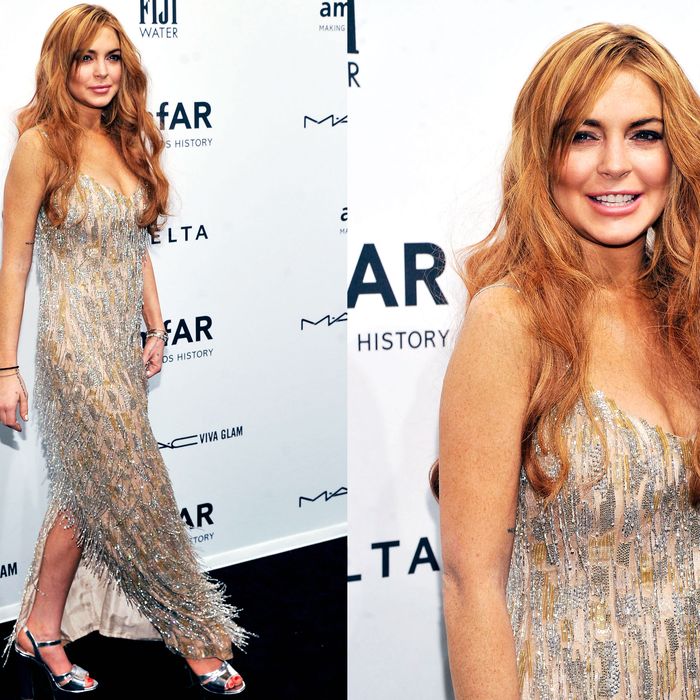 Lindsay Lohan Gave Her Borrowed Gown An Impromptu Mullet Hem