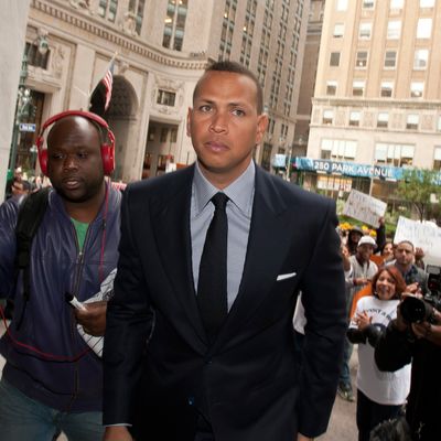 Alex Rodriguez greeting fans while arriving at Major League Baseball office at 245 Park Avenue, NYC.