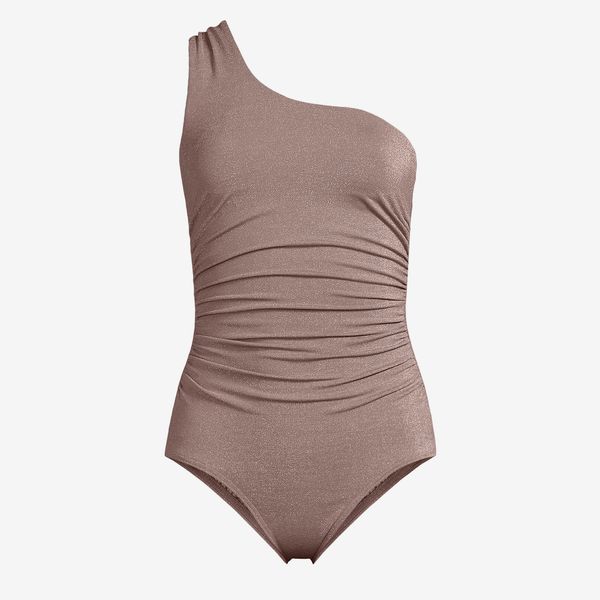 Lands' End Chlorine-Resistant Shine Shirred One-Shoulder High-Leg One-Piece Swimsuit - Long Torso