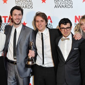 LONDON, ENGLAND - JANUARY 26: The cast of The Inbetweeners (L-R) Actors Belinda Stewart-Wilson, Blake Harrison, James Buckley, Simon Bird and Emily Head with their Digital Choice Award during the National Television Awards at the O2 Arena on January 26, 2011 in London, England. (Photo by Gareth Cattermole/Getty Images) *** Local Caption *** Belinda Stewart-Wilson;Blake Harrison;James Buckley;Simon Bird;Emily Head