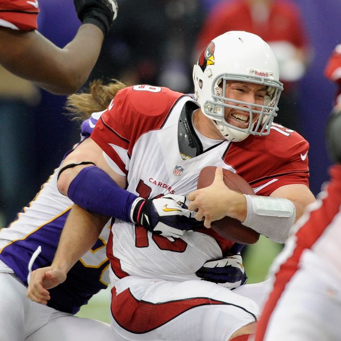 Brian Robison #96 of the Minnesota Vikings sacks John Skelton #19 of the Arizona Cardinals during the fourth quarter of the game on October 21, 2012 at Mall of America Field at the Hubert H. Humphrey Metrodome in Minneapolis, Minnesota. The Vikings defeated the Cardinals 21-14.