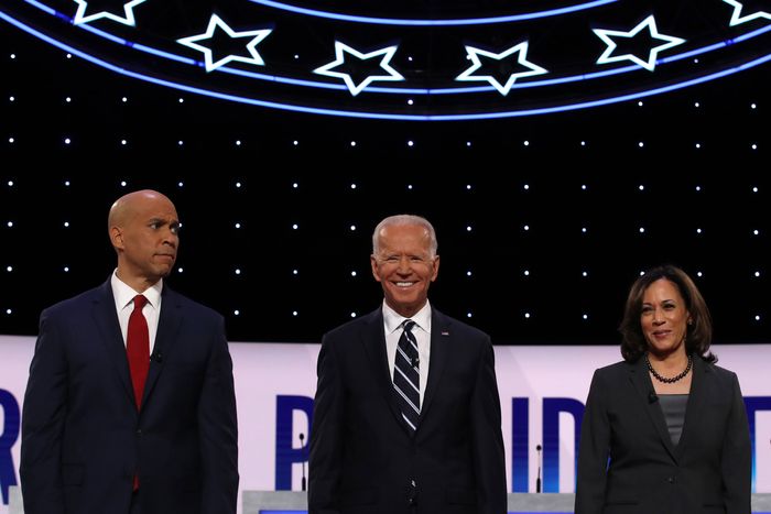 From left to right: Cory Booker, Joe Biden, Kamala Harris.