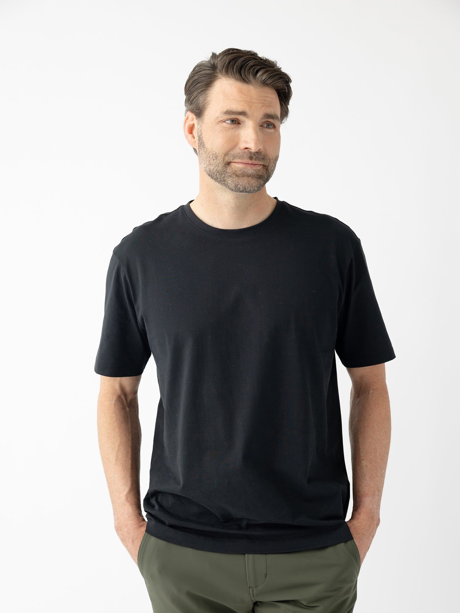 Guy in plain black t shirt best sale