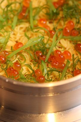 Chirashi Meshi: Buttered saffron rice, shaved Japanese omelt, Hokkaido scallop, salmon roe, snow peas.
