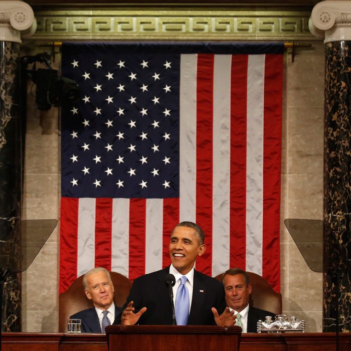 WASHINGTON, DC - JANUARY 28: U.S. President Barack Obama delivers his State of the Union speech on Capitol Hill on January 28, 2014 in Washington, DC. In his fifth State of the Union address, Obama is expected to emphasize on healthcare, economic fairness and new initiatives designed to stimulate the U.S. economy with bipartisan cooperation. (Photo by Larry Downing-Pool/Getty Images)
