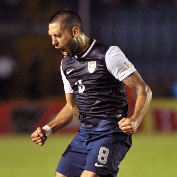 US Clinton Dempsey celebrates a goal against Guatemala during their FIFA World Cup Brazil 2014 North, Central America and Caribbean (CONCACAF) qualifier football match at the Mateo Flores stadium in Guatemala city, on June 12, 2012.
