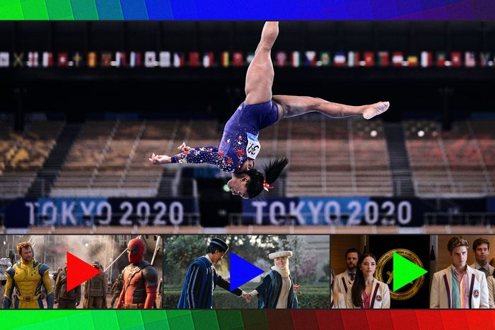 Clockwise from top: Simone Biles at the 2020 Summer Olympics in Tokyo, Elite, The Decameron, and Deadpool & Wolverine.