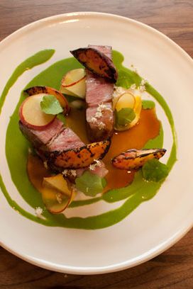 Roasted Pork Neck, Grilled Peaches, Nasturtium Jus