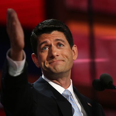 Representative Paul Ryan, Republican vice presidential candidate, gestures to his mother, Elizabeth 'Betty' Ryan, while speaking at the Republican National Convention (RNC) in Tampa, Florida, U.S., on Wednesday, Aug. 29, 2012. Ryan takes the stage tonight to address the RNC with a dual mission: to provide a spark, along with his big ideas about cutting the budget, to energize the party's base.