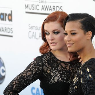 LAS VEGAS, NV - MAY 19: Caroline Hjelt (L) and Aino Jawo of Icona Pop arrive at the 2013 Billboard Music Awards at the MGM Grand Garden Arena on May 19, 2013 in Las Vegas, Nevada. (Photo by David Becker/Getty Images)