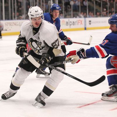 Sidney Crosby #87 of the Pittsburgh Penguins against the New York Rangers at Madison Square Garden on November 29, 2011