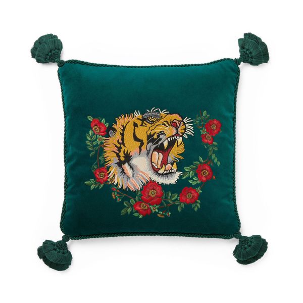 Gucci Velvet Cushion With Tiger Embroidery