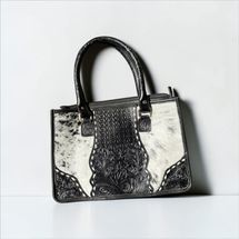 Western Linens Black Tooled Leather & Cowhide Tote Bag