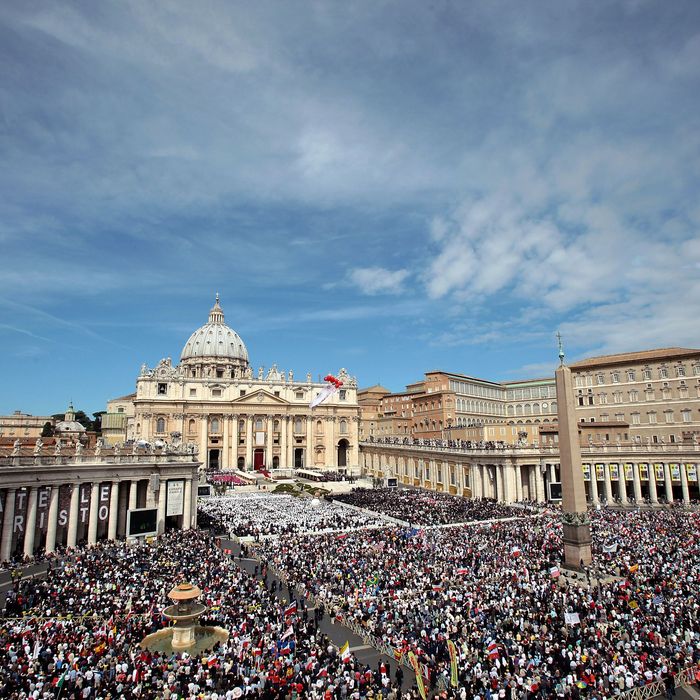 A general view of St. Peter's Square during the John Paul II Beatification Ceremony held by Pope Benedict XVI on May 1, 2011 in Vatican City, Vatican. The ceremony marking the beatification and the last stages of the process to elevate Pope John Paul II to sainthood was led by his successor Pope Benedict XI and attended by tens of thousands of pilgrims alongside heads of state and dignitaries.