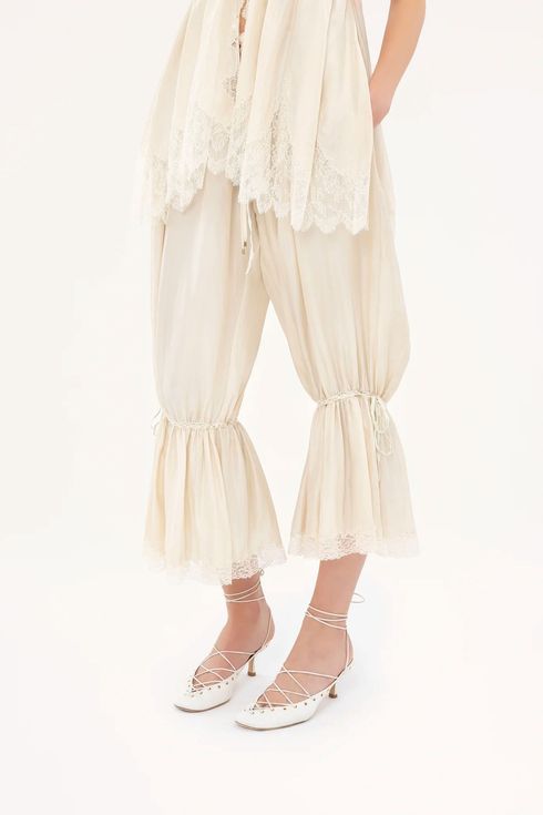 Fluid cropped Pants In Washed Silk Pongé & Lace