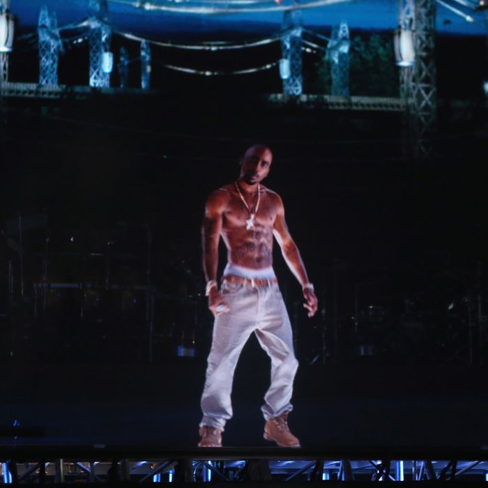 A hologram of deceased rapper Tupac Shakur performs onstage during day 3 of the 2012 Coachella Valley Music & Arts Festival