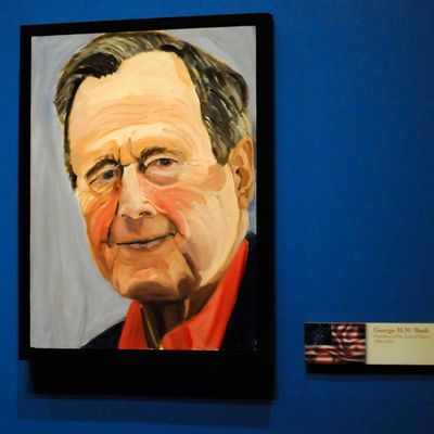 04 Apr 2014, Dallas, Texas, USA --- A portrait of former President George H.W. Bush painted by his son former President George W. Bush, which is part of the exhibit 