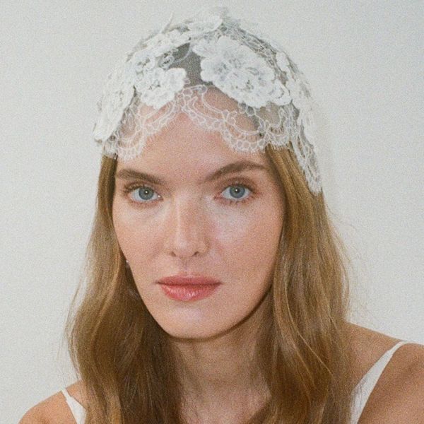 Vintage 80s-90s Bridal Cap Veil • Pearl-Lace Juliet Headpiece, Two-Tier Chapel L Vintage 80s-90s Bridal Cap Veil • Pearl-Lace Juliet  main image 3