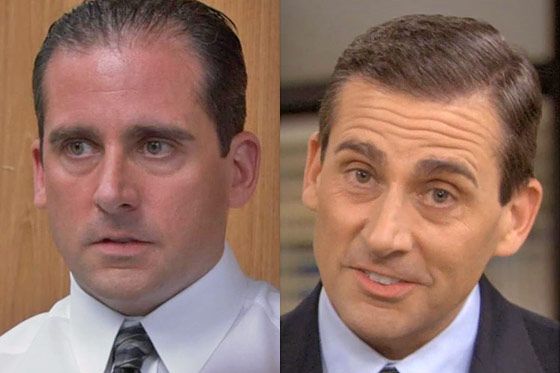 In
          season one, Michael looked like he ran to work every day and then used his
          perspiration as hair product. It's bad-car-salesman hair, which is a crime,
          because sales was the one thing aside from offending people that Michael Scott
          did well. Fortunately, he had a cranial renaissance in season two and beyond. He may have continued to ritually humiliate himself on a regular basis, but at least he didn't do it follicularly, and we're just thankful that Michael Scott's
          hair looked good when he got his happy ending.