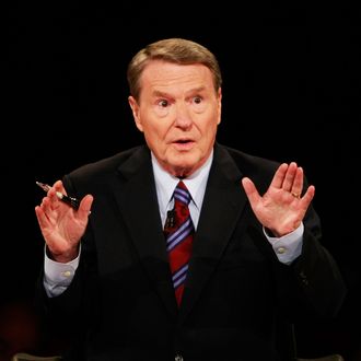 OXFORD, MS - SEPTEMBER 26: Debate moderator Jim Lehrer speaks during the first of three presidential debates before the 2008 election September 26, 2008 in the Gertrude Castellow Ford Center at the University of Mississippi in Oxford, Mississippi. Both candidates arrived in Oxford after taking part in negotiations the previous day in Washington, D.C. to solve the current financial crisis. (Photo by Chip Somodevilla/Getty Images)