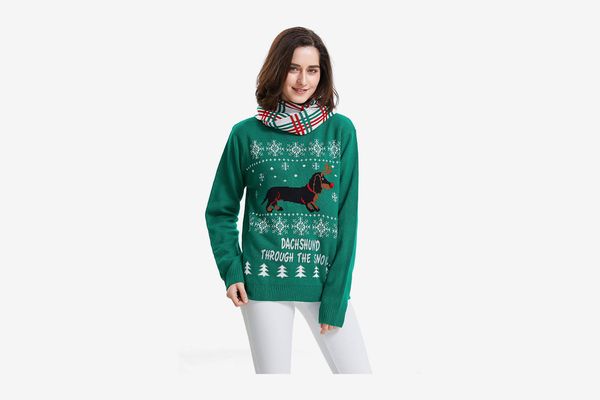 Shineflow Women’s Dachshund Through The Snow Ugly Christmas Sweater Pullover Jumper