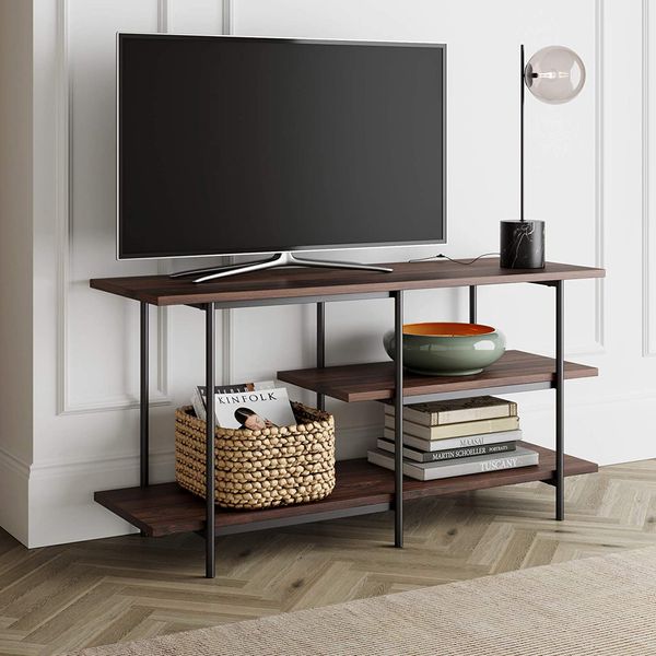 Nathan James Adler 3-Tier Modern TV Stand or Media Console Entertainment Center with Storage Shelves, Warm Walnut