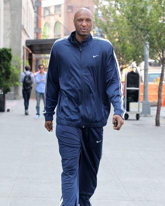 Lamar Odom walks to lunch in the Meatpacking District on April 21, 2012 in New York City, New York.