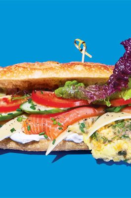 Breads Bakery’s Frittata Sandwich
$14.95; 18 E. 16th St., nr. Union Sq. W.; 212-633-2253
Tel Aviv–born baker Uri Scheft plops an herby Italian omelette on a foot-long baguette and calls it a frittata sandwich. We like to think of it as an Israeli hero. Ask for it with the works and you get lettuce, tomato, cucumber, mild Gouda, cream cheese, smoked salmon, and a flurry of chives—the whole shebang held together with a bamboo toothpick.