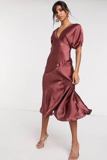 ASOS Design puff sleeve satin tea dress in mocha