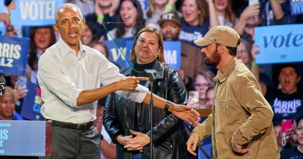 Eminem introduces Obama at Detroit Kamala Harris Rally